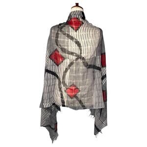 Babette Women's Scarf Shawl Stripe Gray Wool Fringe Art to Wear Abstract